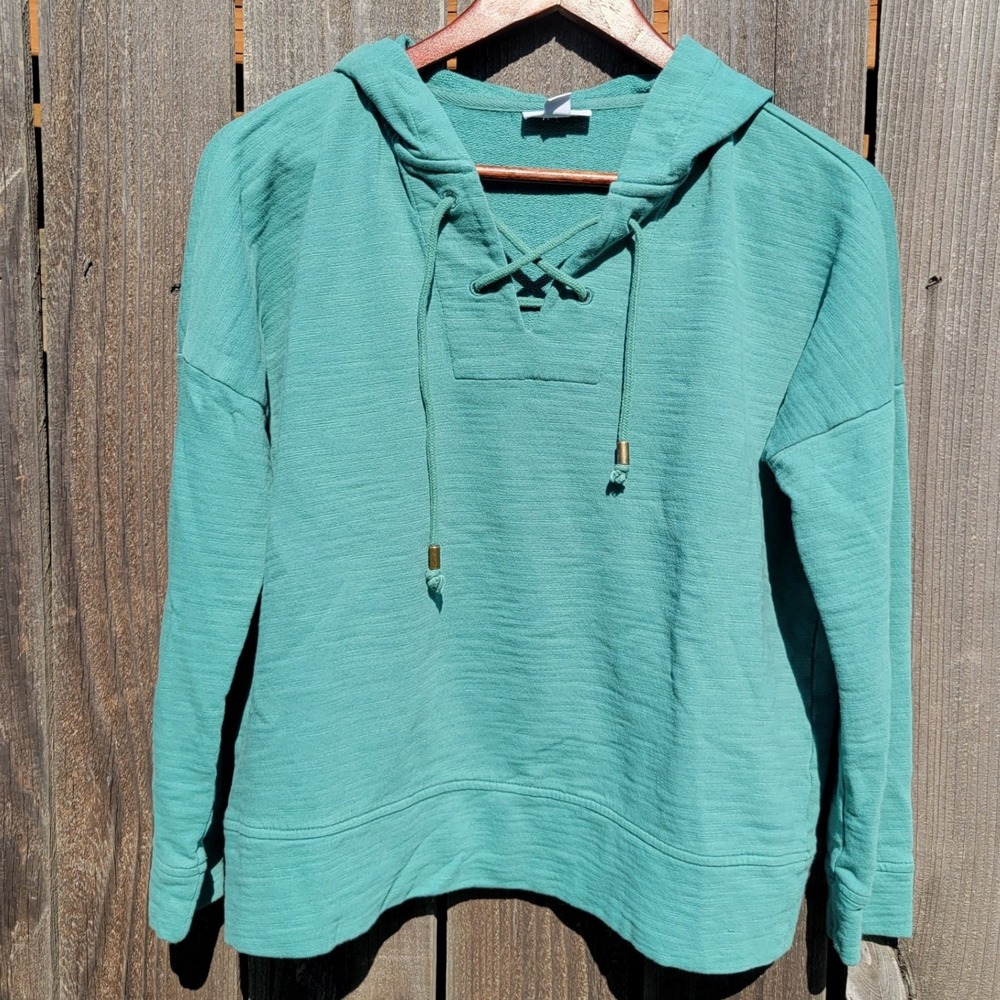 J. Jill Teal Green Lace Up Cotton French Terry Hoodie Petite S Casual Cozy Coast